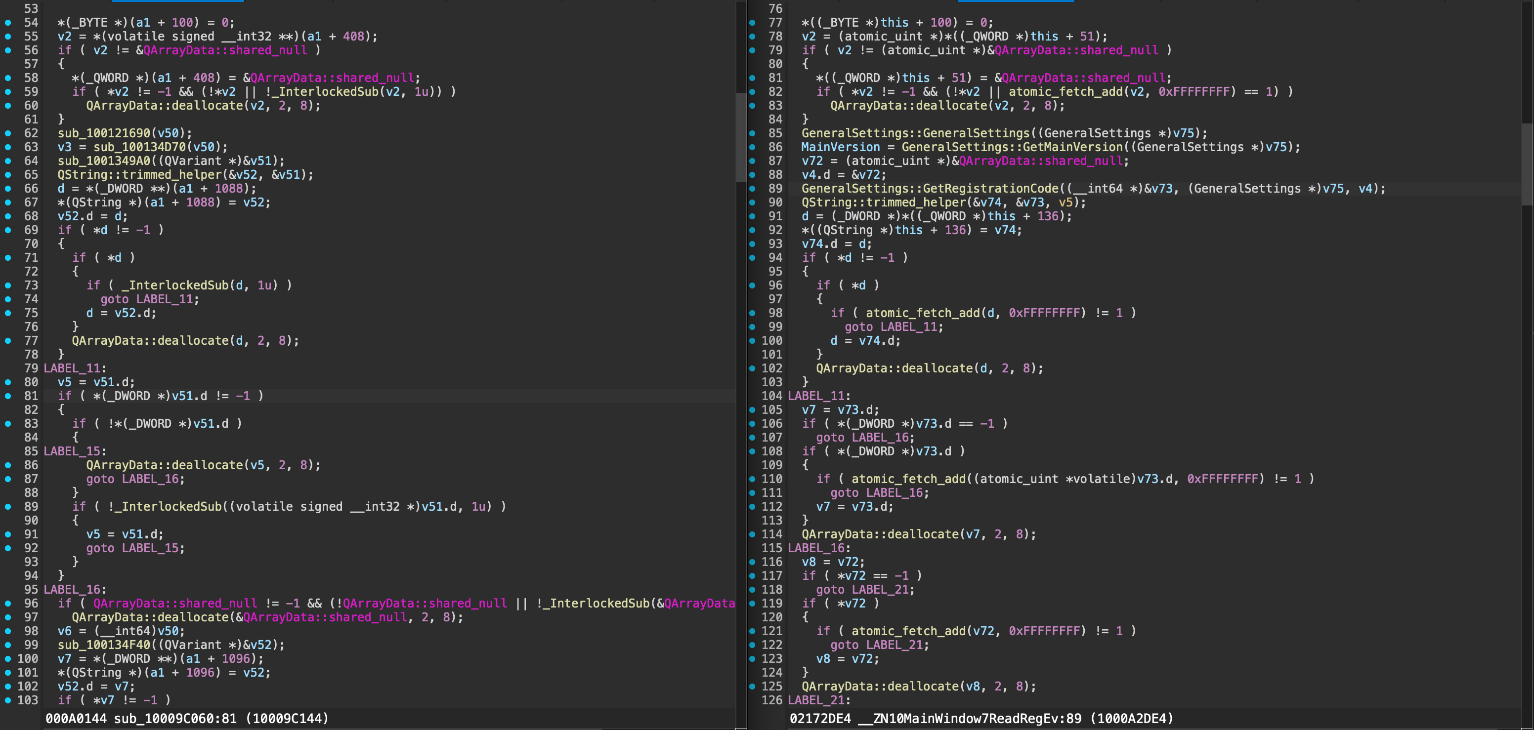 Function comparison between ARM64 and Intel binaries