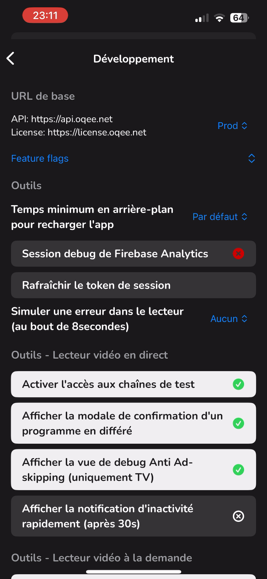 Oqee Dev Settings Menu