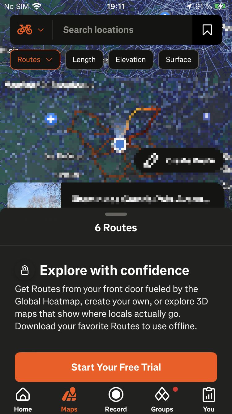 The route preview visible behind the subscription wall